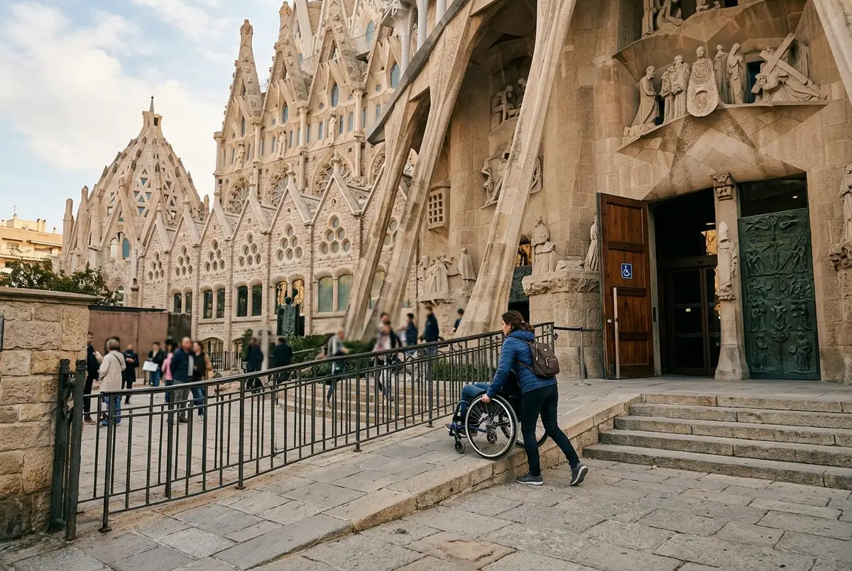 Wheelchair user entering the sagrada familia through the accessible entrance ramp beside the main basilica doors