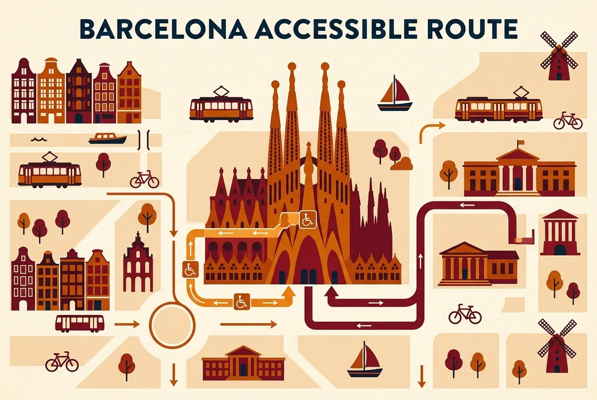 Simple accessible route infographic showing the sagrada familia accessible entrance and step free path through the nave compared with the general entrance