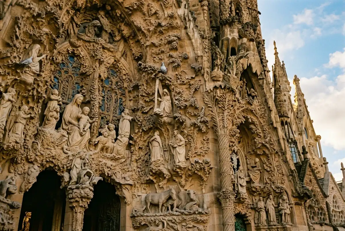 Portrait style composition evoking antoni gaudi sagrada familia architect era stonework, showing carved naturalist details on the nativity facade