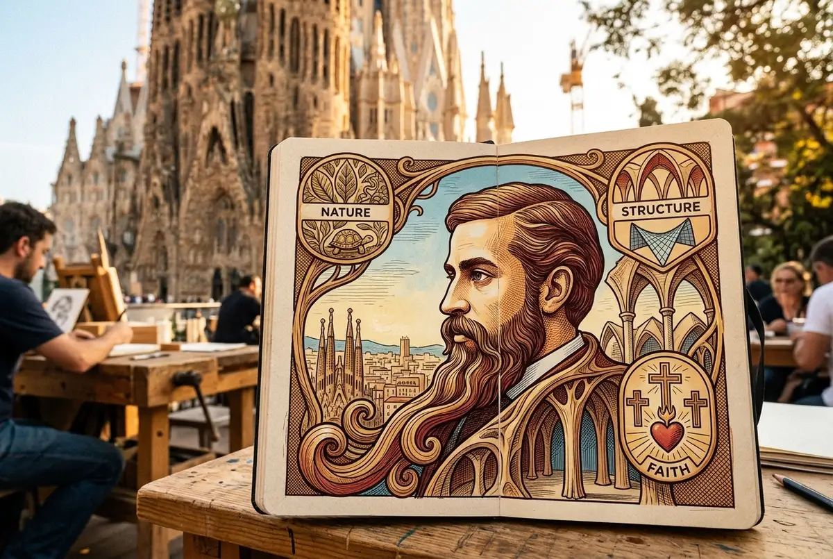 Illustrated portrait style graphic profiling antoni gaudi sagrada familia architect legacy, with generic labeled icons for Nature, Structure, and Faith surrounding a stylized silhouette