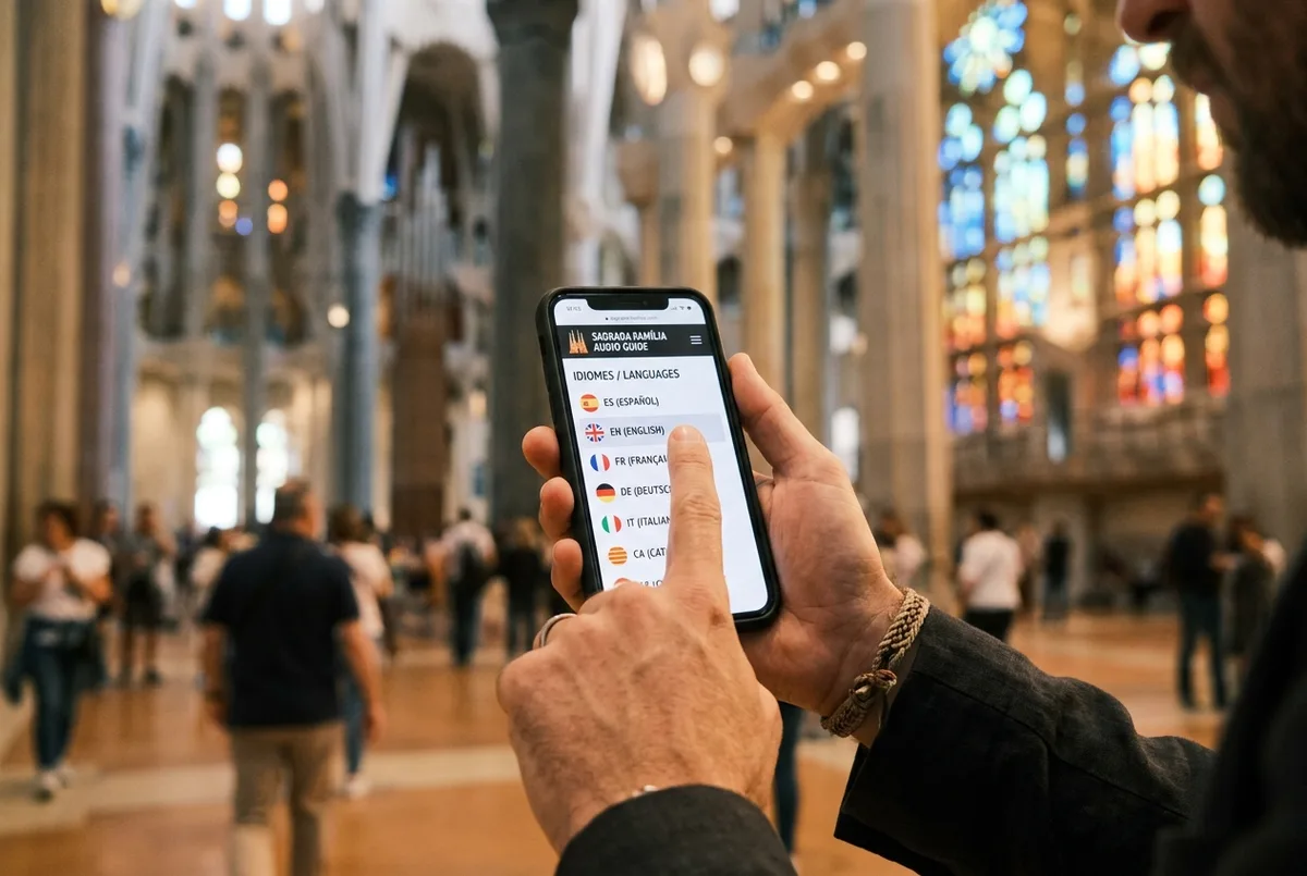 Close up of a traveler selecting a language option on the sagrada familia audio guide languages menu screen on their phone inside the nave