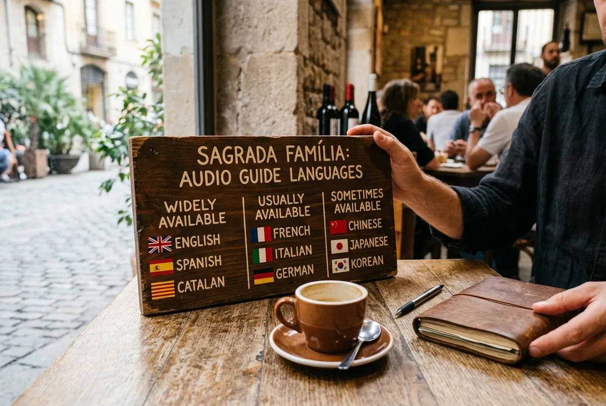 Simple table graphic listing sagrada familia audio guide languages by tier, widely available, usually available and sometimes available, with flag icons