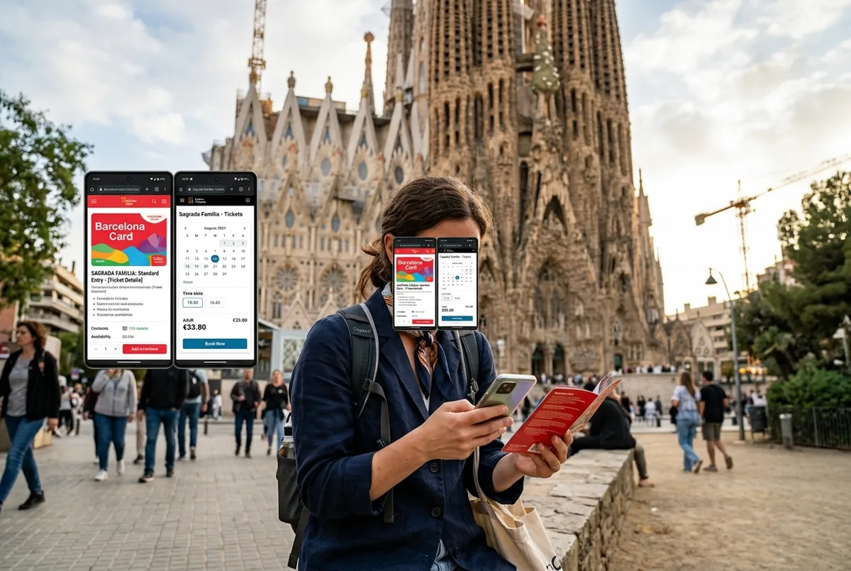 Traveler comparing a barcelona card sagrada familia listing against a direct la sagrada familia ticket booking page on a phone outside the basilica
