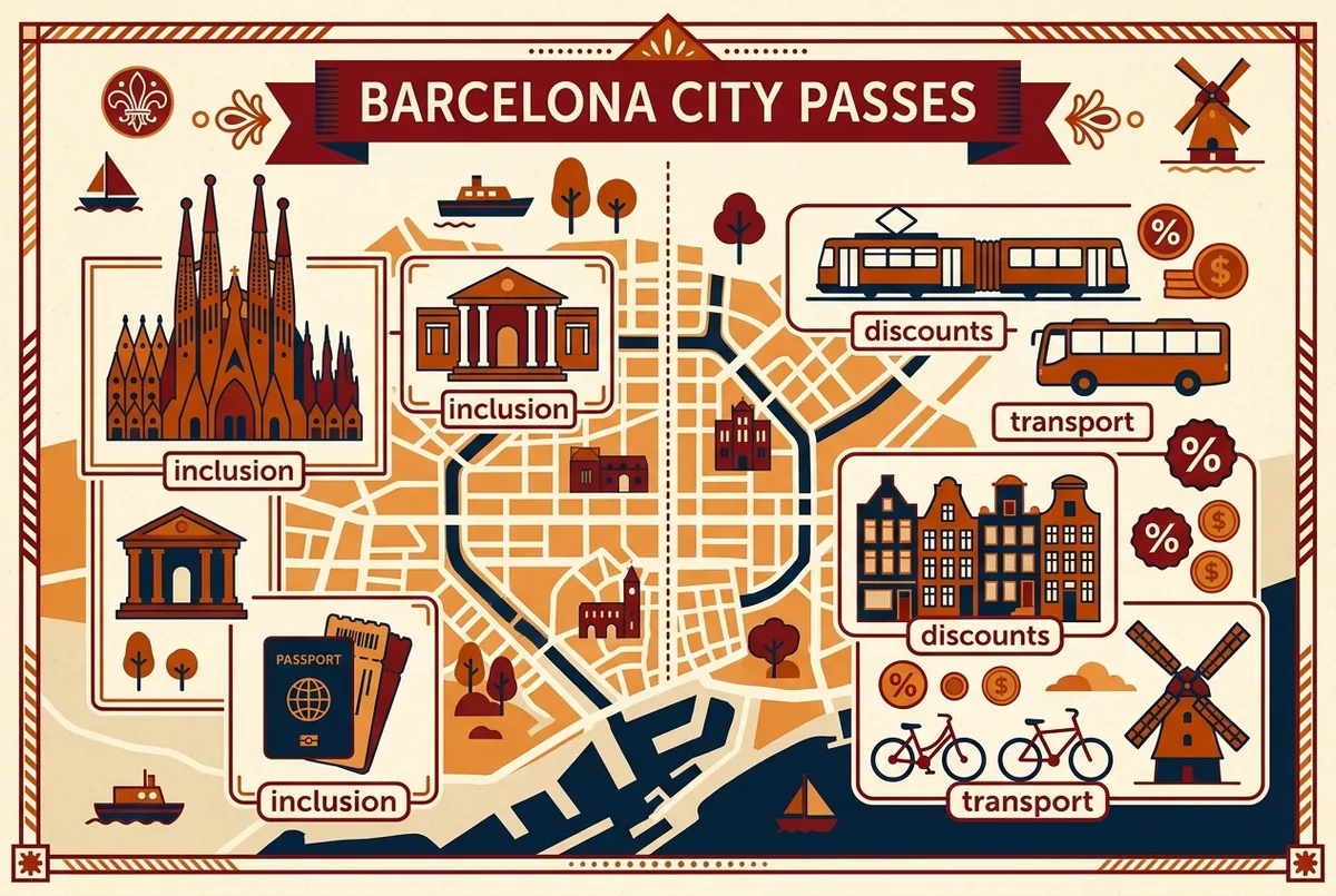 Comparison infographic showing which Barcelona passes include sagrada familia tickets passport benefits versus which only offer a discount or transport