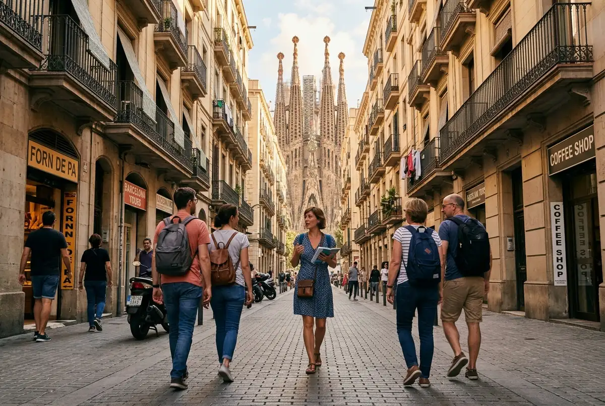 Small group on a sagrada familia walking tour following a guide through a central Barcelona street with the basilica spires visible in the distance