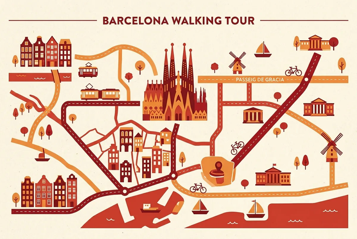 Simple map style infographic showing a sagrada familia walking tour route connecting the basilica to the Gothic Quarter and Passeig de Gracia in central Barcelona