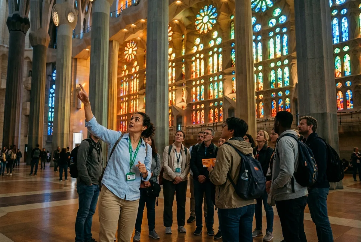 English speaking guide gesturing toward the stained glass while leading a small sagrada familia guided tour tickets group of international travelers inside the nave
