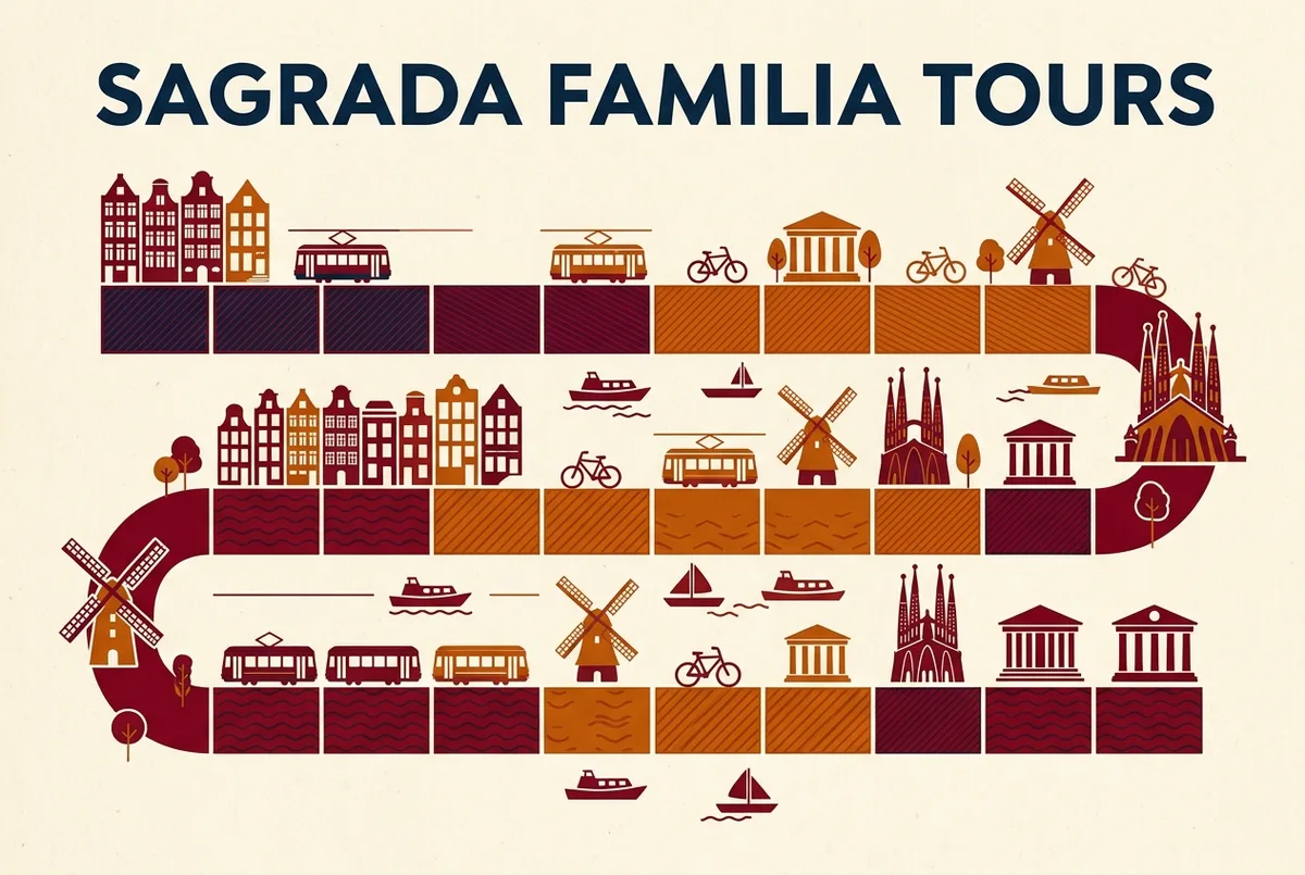 Simple daily schedule infographic showing which time blocks typically carry the most sagrada familia guided tour tickets in English versus other languages