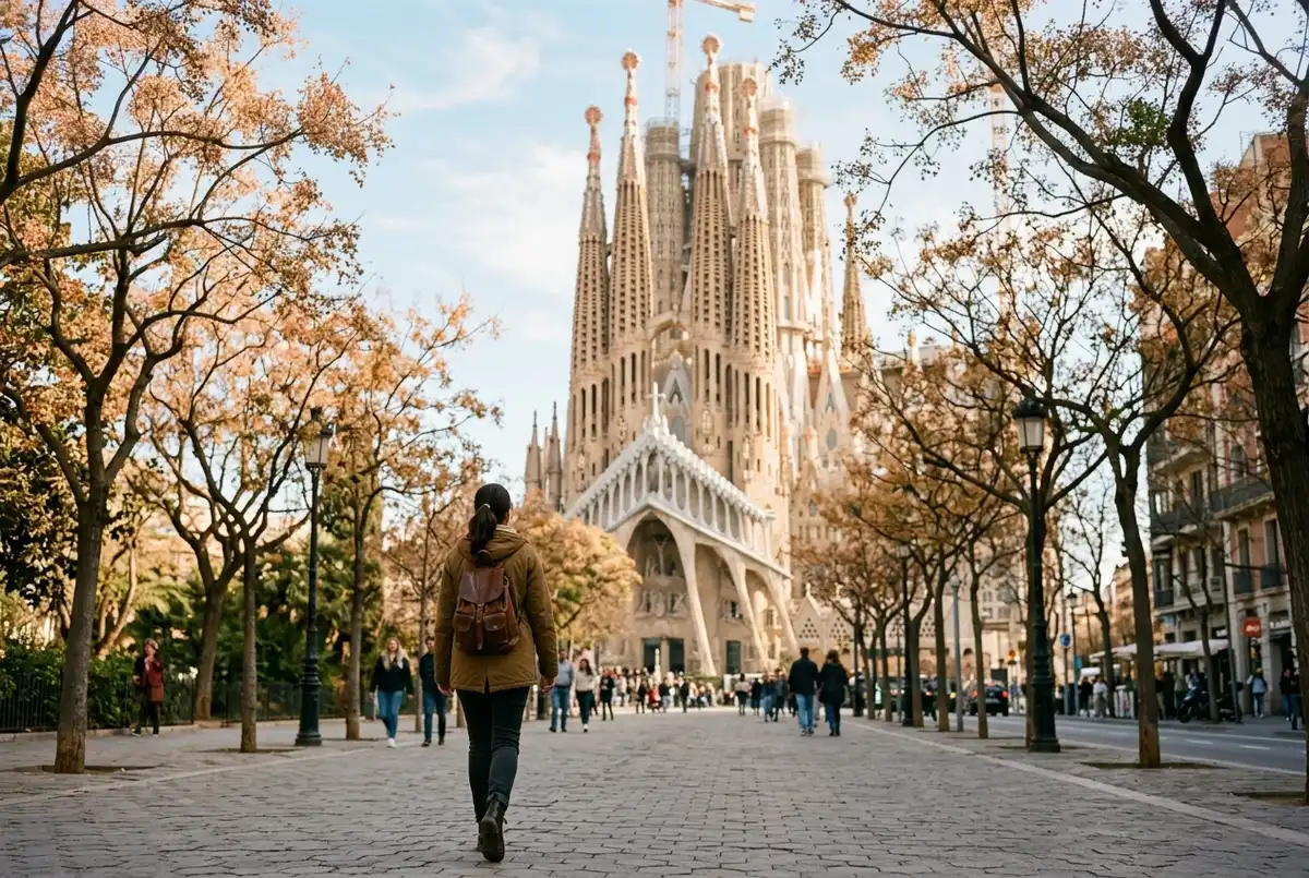 Traveler walking toward the sagrada familia on a mild spring afternoon with light autumn colored trees framing the basilica's towers