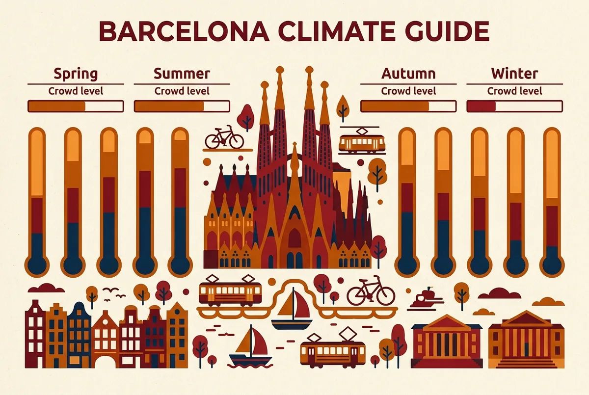 Simple monthly climate style infographic showing sagrada familia weather by month temperature ranges alongside a crowd level bar for each season