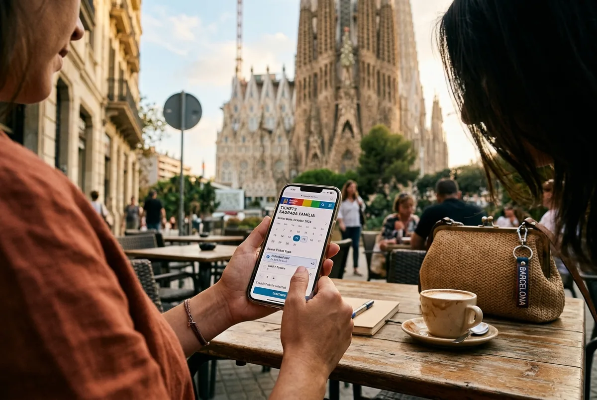 Close up of a traveler completing sagrada familia tickets online checkout on a phone, showing a calendar date picker and ticket type selector