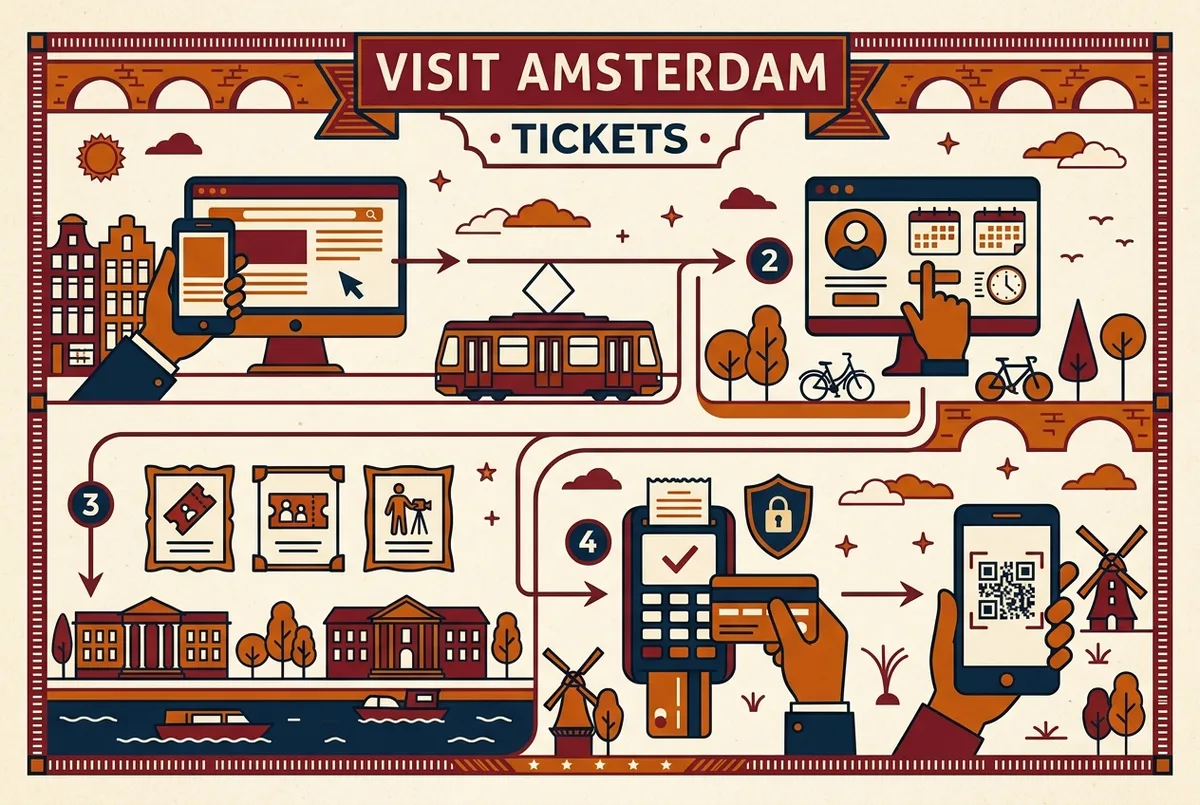 Simple four-step flow diagram showing how to buy sagrada familia tickets online, pick date, choose ticket type, pay securely, receive QR code