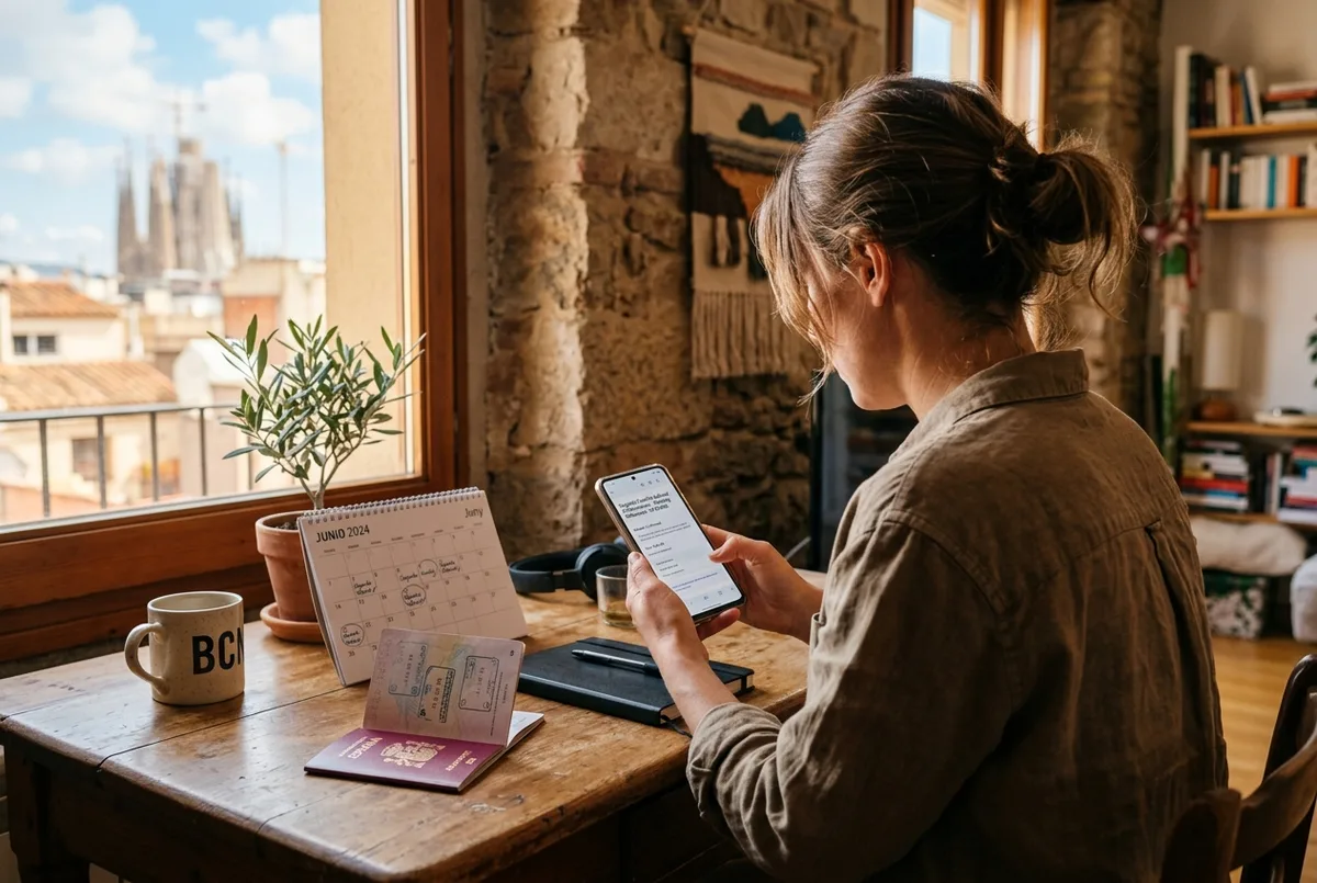 Traveler checking a sagrada familia tickets refund confirmation email on a phone at a Barcelona apartment desk with a calendar and passport nearby