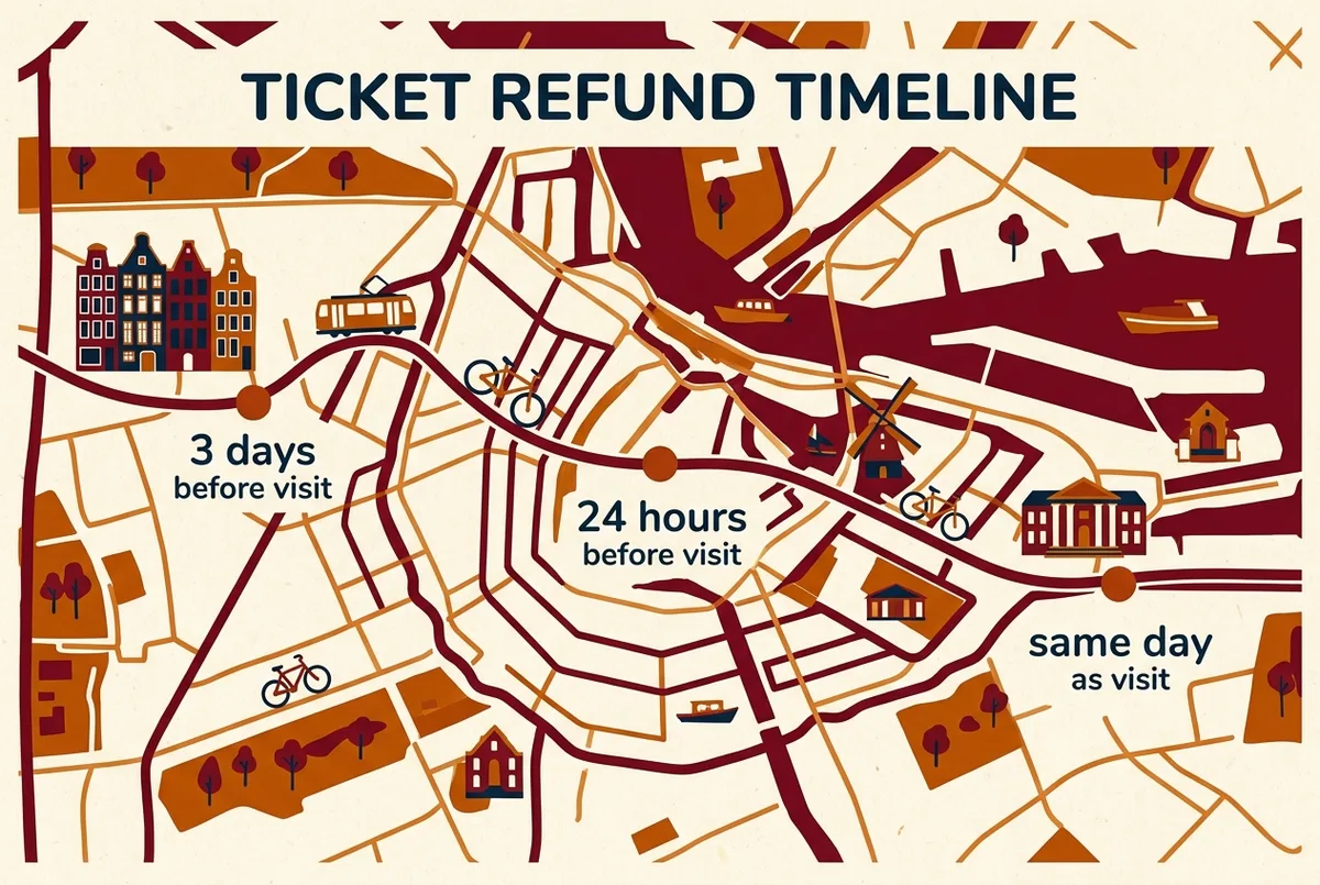 Simple infographic showing a sagrada familia tickets refund timeline with cancellation windows at 3 days, 24 hours and same day before the visit
