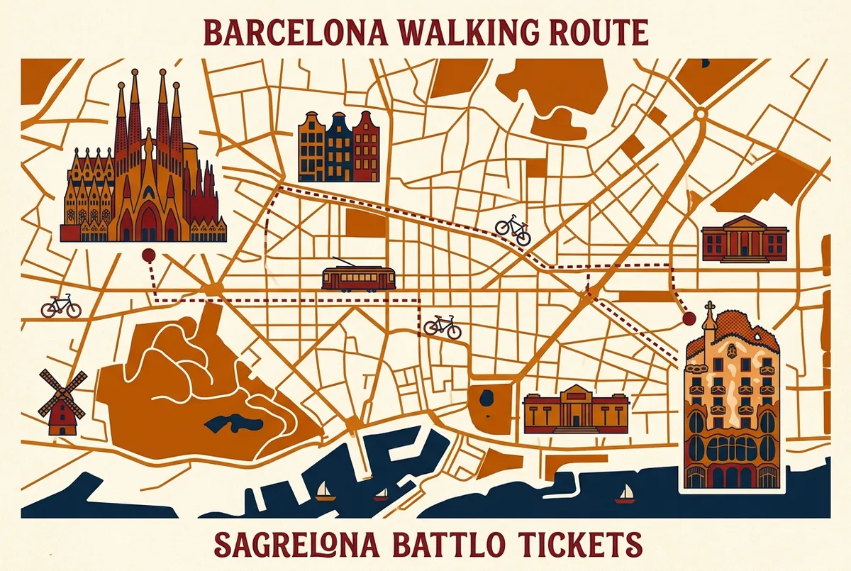 Simple map style infographic showing the sagrada familia casa batllo tickets walking route between the basilica and Casa Batllo along central Barcelona streets