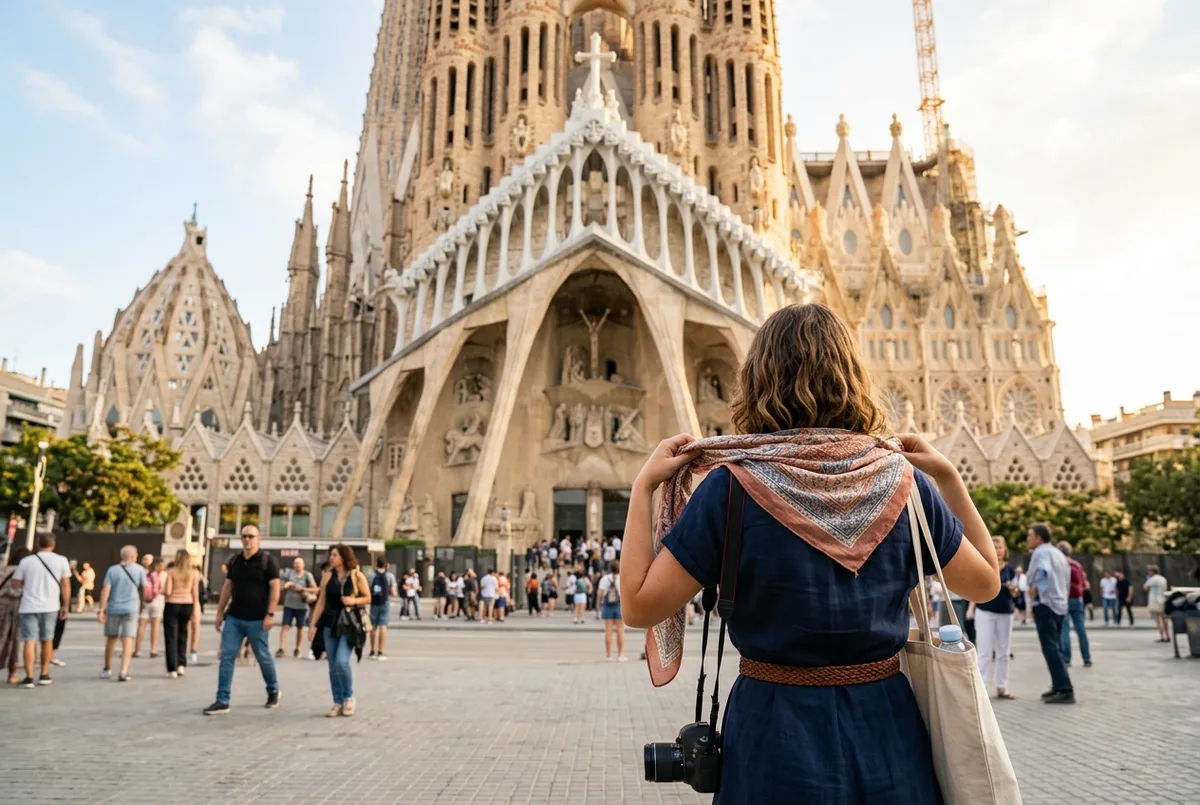 Traveler adjusting a light scarf over their shoulders before entering the sagrada familia, illustrating the basilica's modest dress code rules