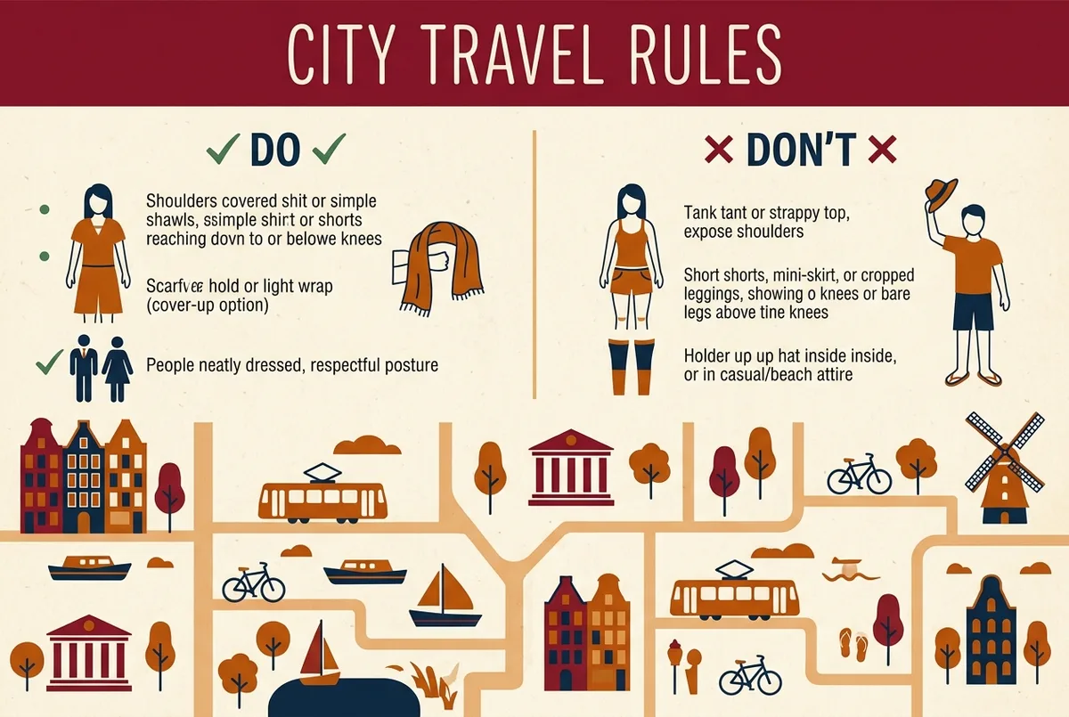 Simple do and dont style infographic illustrating sagrada familia rules for shoulders, knees and appropriate cover up options at the entrance