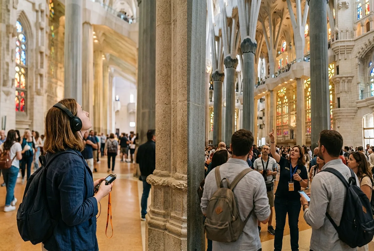 Split scene of a sagrada familia entry ticket visitor listening to an audioguide on headphones beside another visitor following a live guide inside the nave