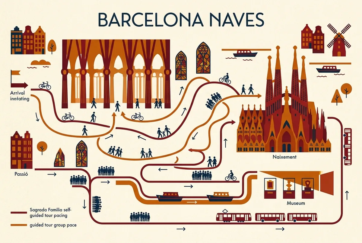 Simple flowchart comparing sagrada familia self guided tour pacing against a guided tour group pace, shown as two paths through the nave, facades and museum