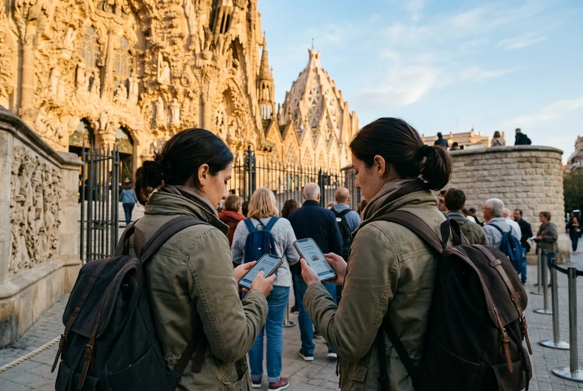 Traveler downloading the sagrada familia audio guide free app on a phone while queuing outside the basilica entrance in early morning light