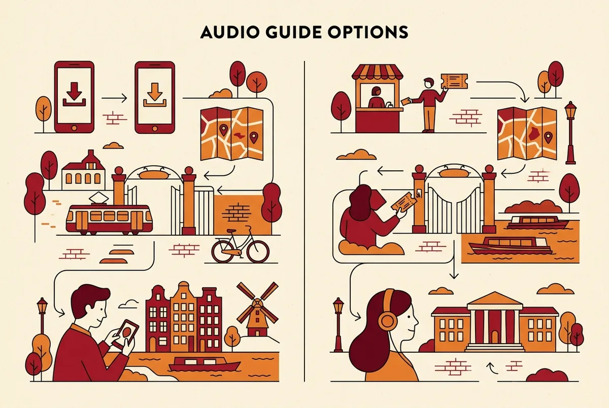 Simple flow diagram comparing the sagrada familia audio guide free app route against a bundled audio guide ticket, showing steps from download to entry to listening