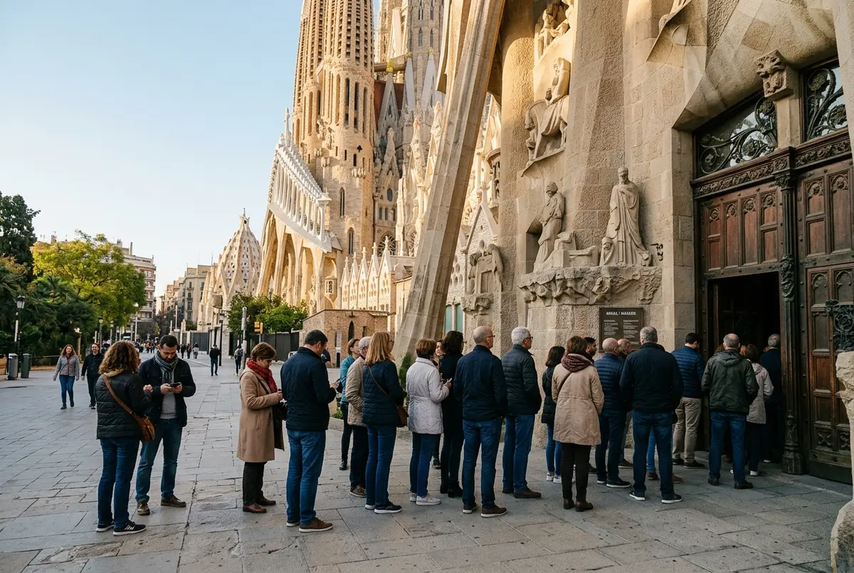 Small quiet crowd gathered outside the sagrada familia free entry sunday mass side door before the service begins on an early Sunday morning