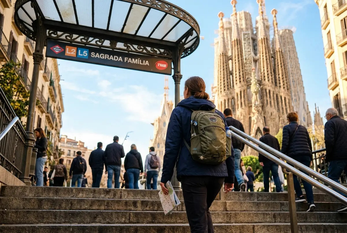 Traveler with a small daypack walking up the steps of the sagrada familia metro station exit, following directions to sagrada familia in morning light