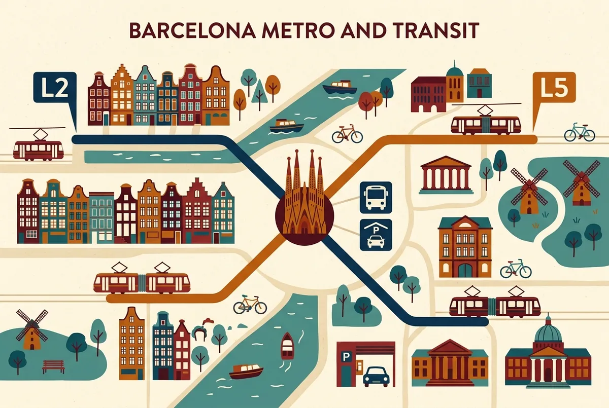 Simple transit map style infographic showing metro lines L2 and L5 converging on the sagrada familia station with icons for bus and parking nearby
