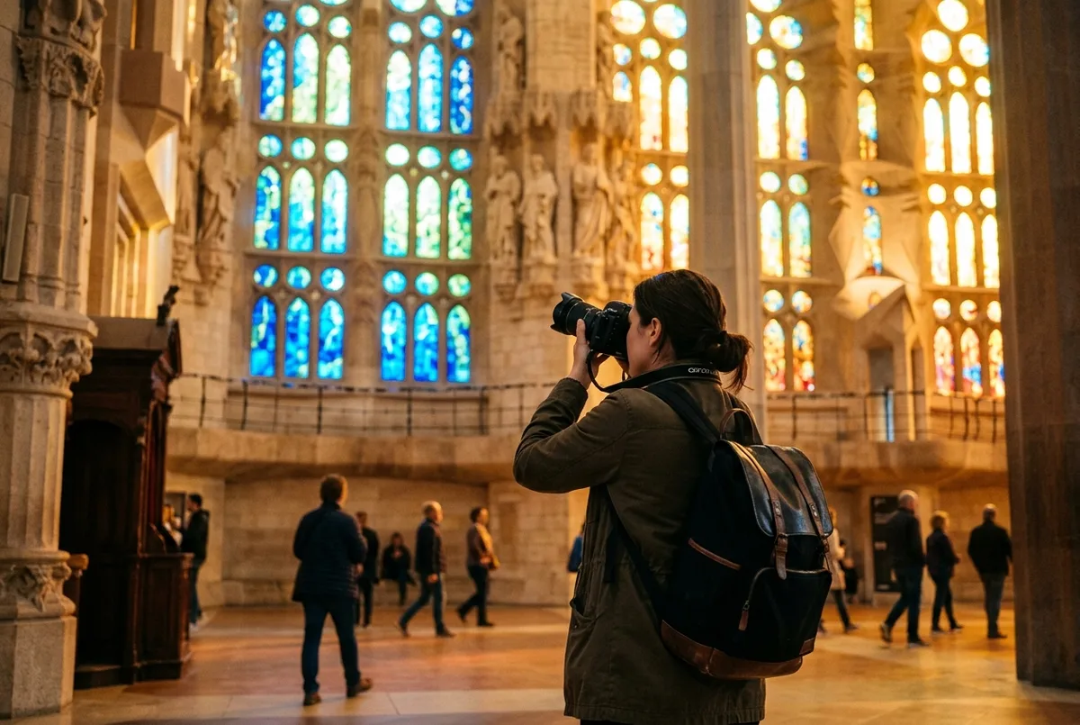 Photographer framing the sagrada familia nativity facade stained glass at golden hour with warm light streaming through blue and green panels