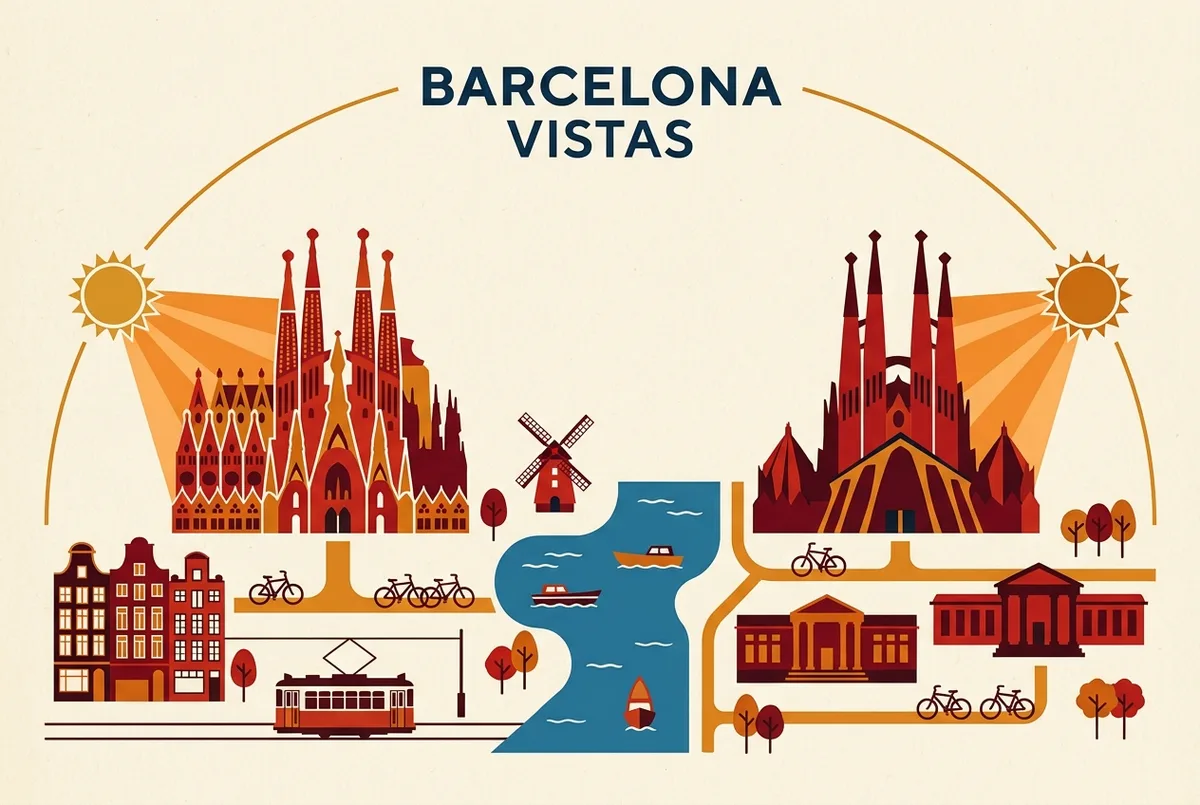 Simple sun path infographic showing morning light striking the sagrada familia nativity facade and afternoon light striking the passion facade