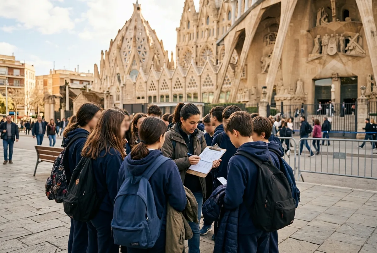 School group with a teacher checking sagrada familia group tickets on a clipboard while waiting together outside the basilica entrance