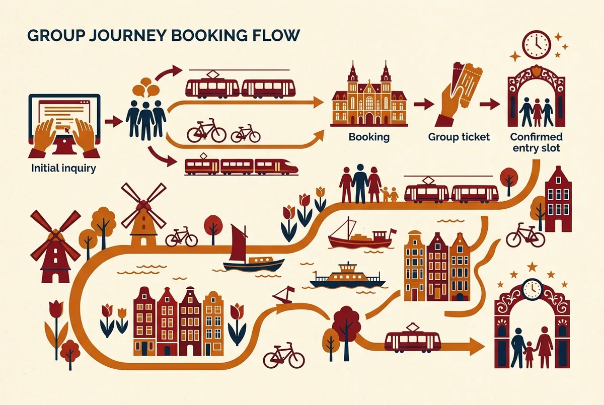 Simple infographic showing sagrada familia group tickets booking timeline from initial inquiry to confirmed group entry slot over several weeks