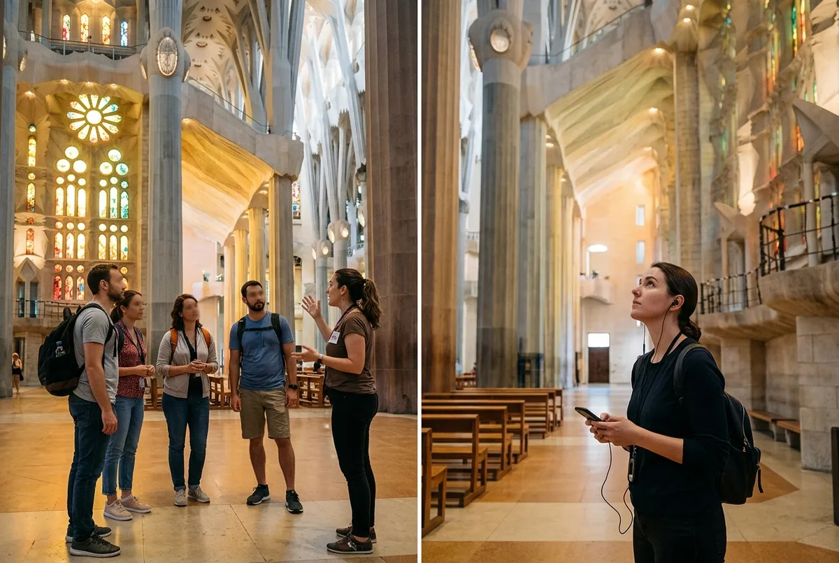 Split scene of a sagrada familia guided tour group listening to a live guide on one side and a solo traveler using a sagrada familia audio guide app on their phone on the other, inside the nave