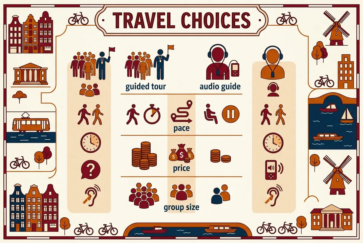 Decision matrix infographic comparing sagrada familia guided tour and audio guide across pace, price and group size with simple icon columns