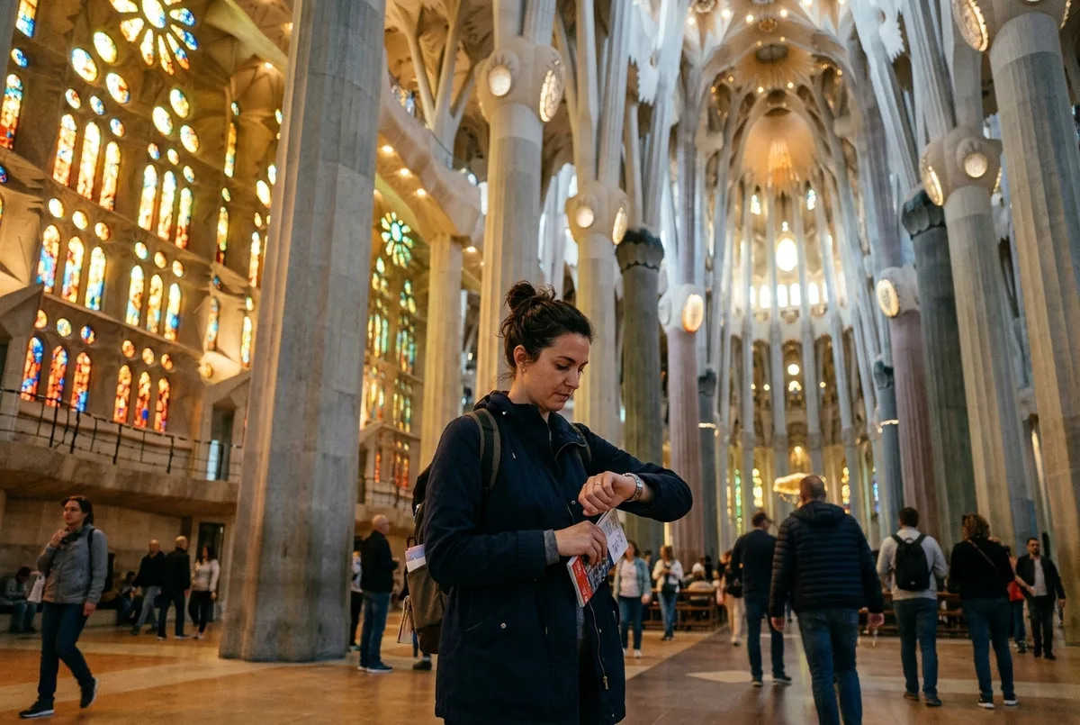Visitor checking a watch while standing in the sagrada familia nave under the tree like columns, gauging how long to visit sagrada familia comfortably