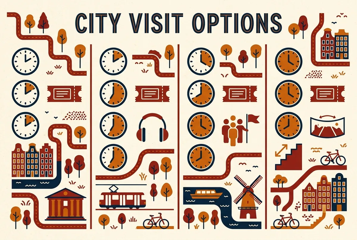 Simple comparison infographic showing how long to visit sagrada familia across entry only, audio guide, guided tour and tower access formats with clock icons