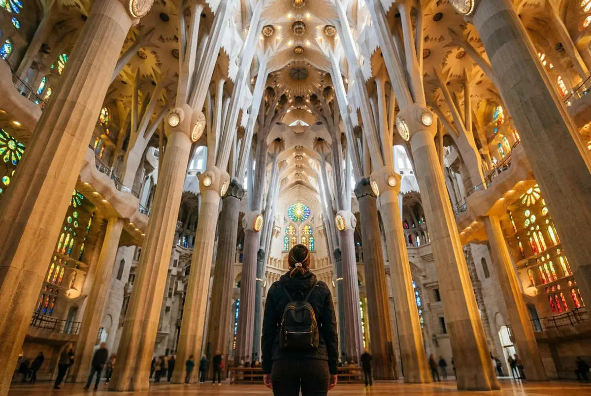 Awestruck visitor looking straight up at the sagrada familia's tree like columns and stained glass ceiling, capturing why is sagrada familia worth it