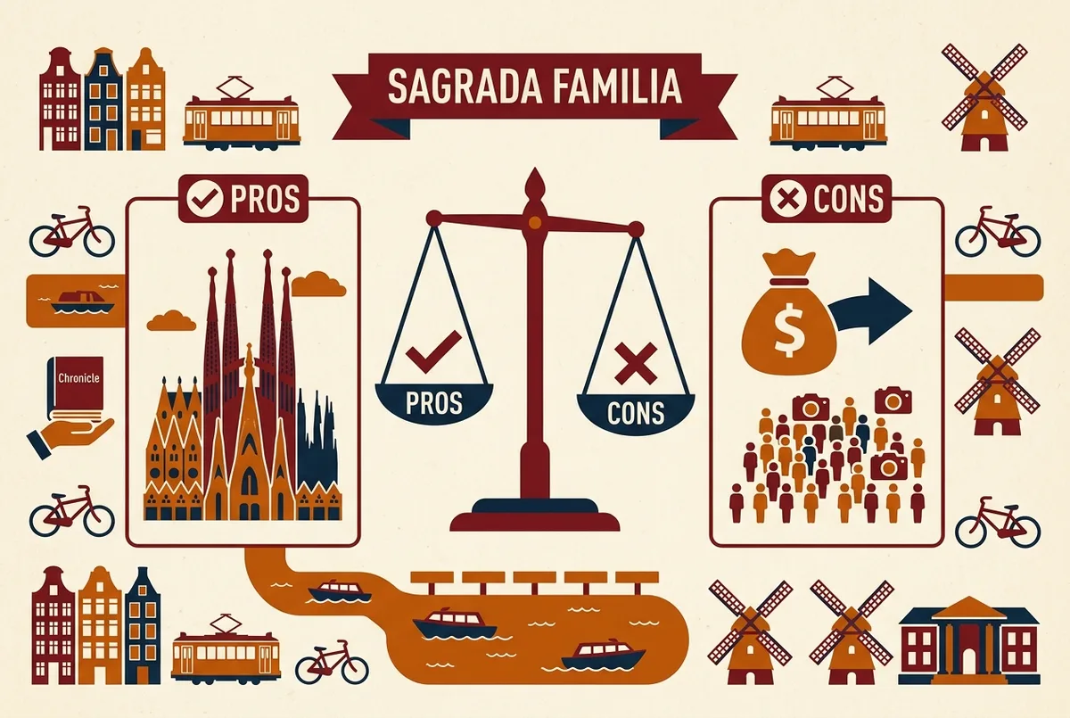Simple pros and cons infographic weighing why is sagrada familia worth it, listing unique architecture and history against cost and crowds