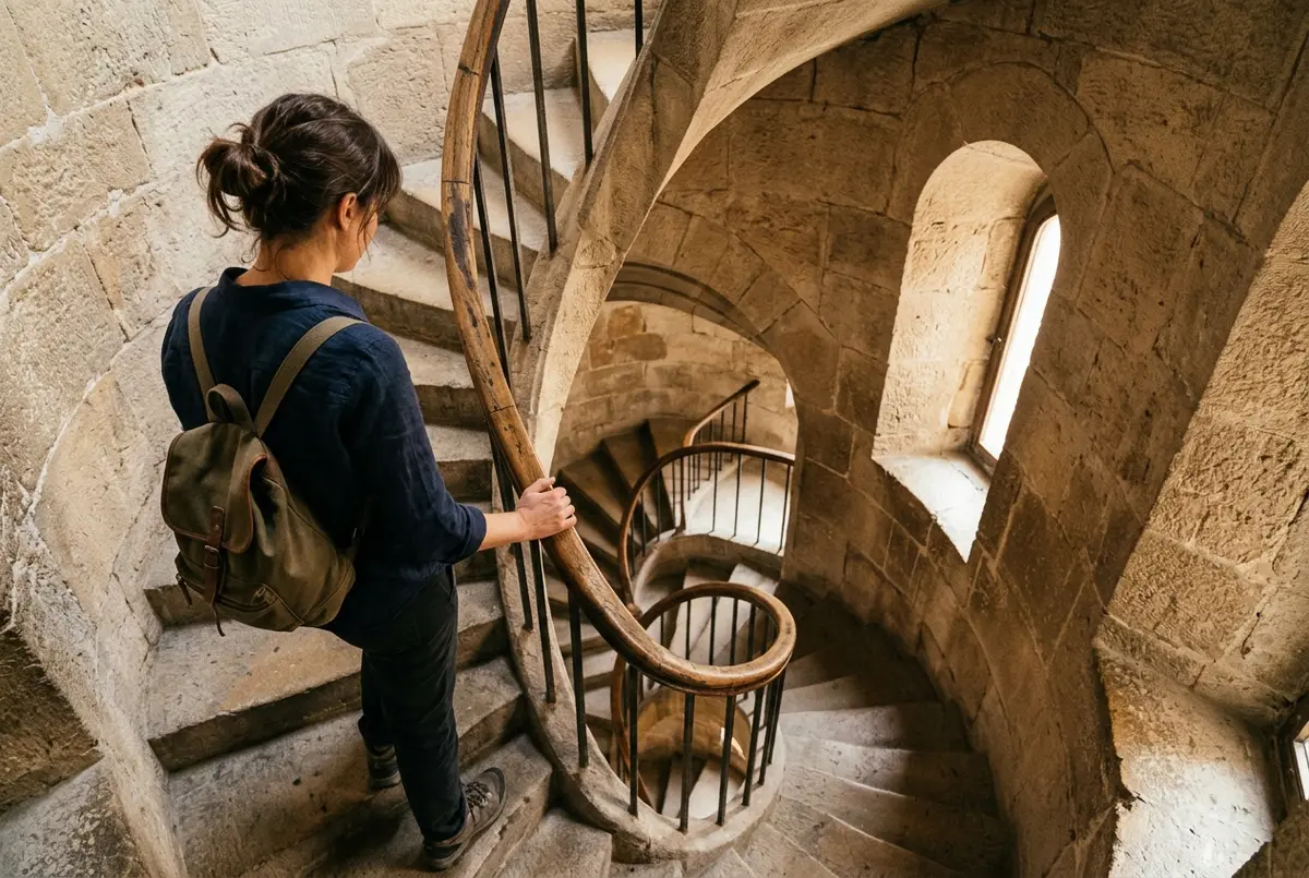 Traveler pausing partway down the sagrada familia tower worth it spiral staircase, gripping the handrail with soft daylight coming through a narrow stone window