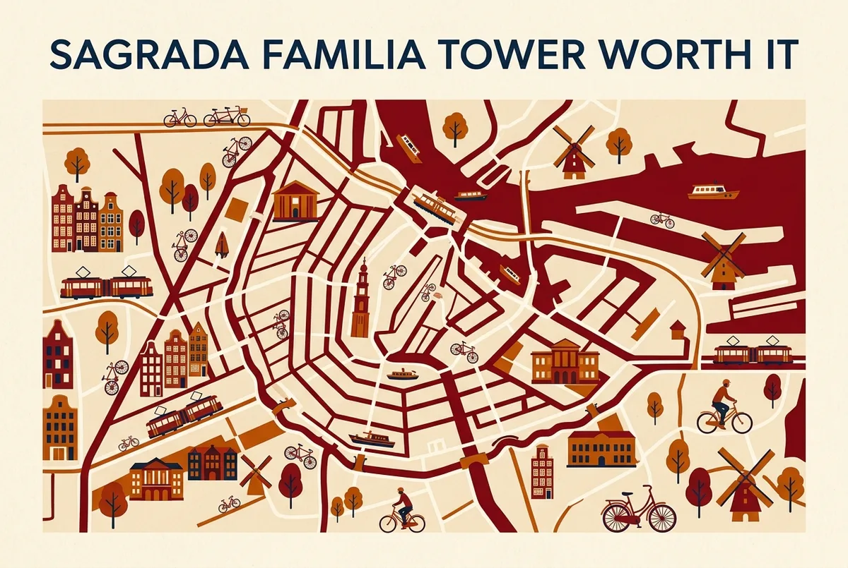 Diagram showing the sagrada familia tower worth it elevator route up alongside the narrow spiral staircase route down with an approximate step count and time labeled