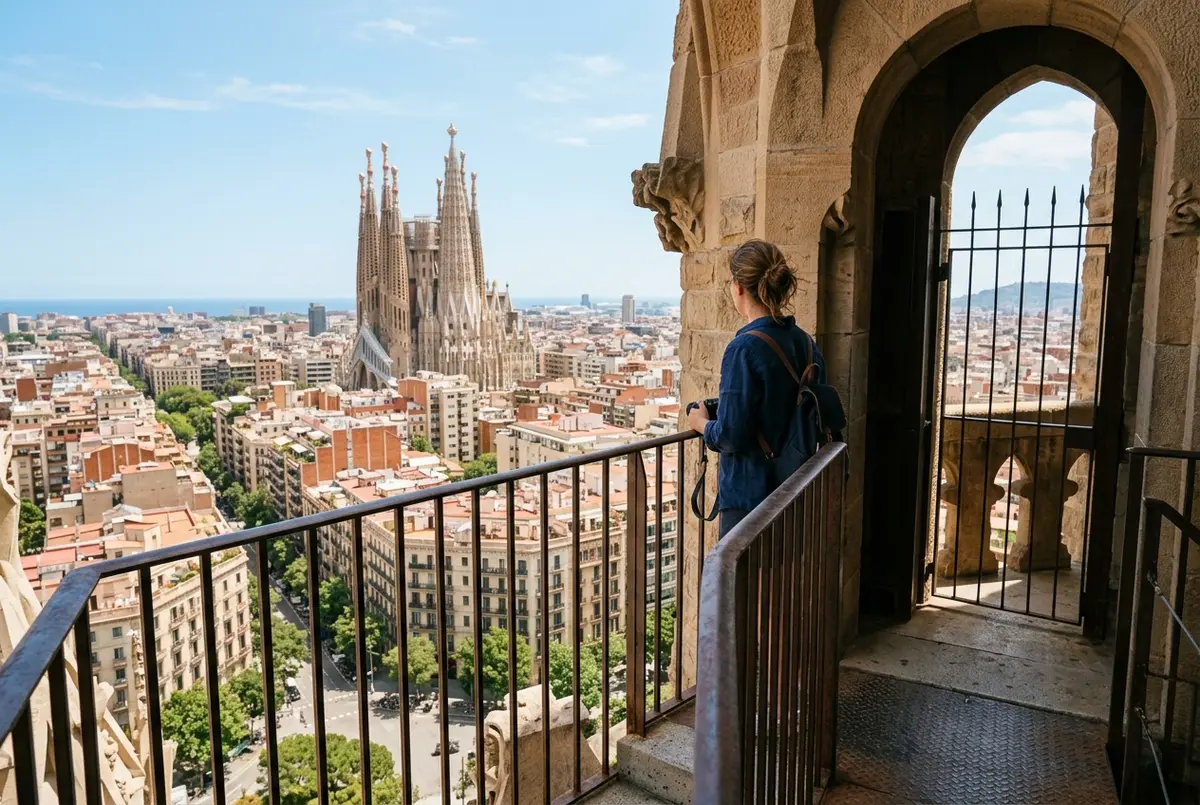 Traveler looking out from the Passion Facade tower elevator platform over Barcelona rooftops with the Nativity Facade spires visible in the distance at midday
