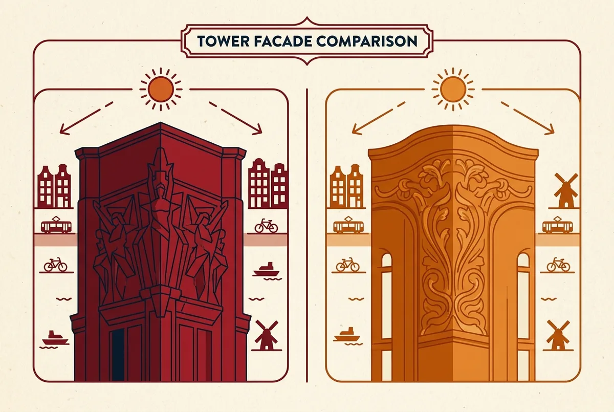 Side by side infographic comparing sagrada familia passion tower tickets and the Nativity tower across facade style, sun direction and sculptural detail