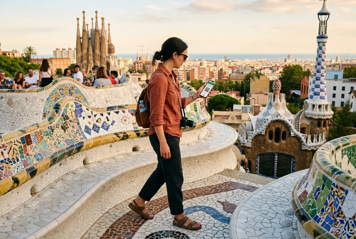 Traveler walking the mosaic terrace at Park Guell holding a skip the line sagrada familia and park guell combo ticket confirmation on a phone