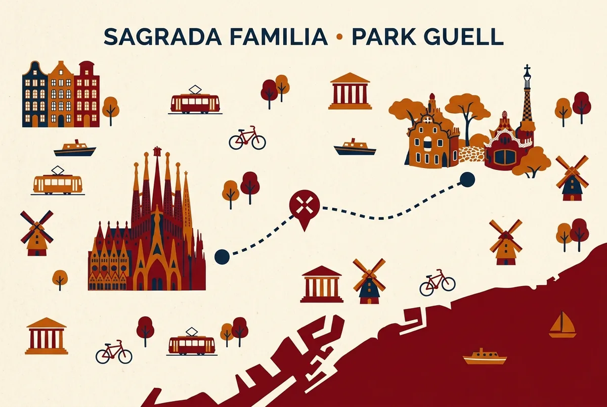 Simple map style infographic showing the skip the line sagrada familia and park guell route with the transfer point marked between the two sites