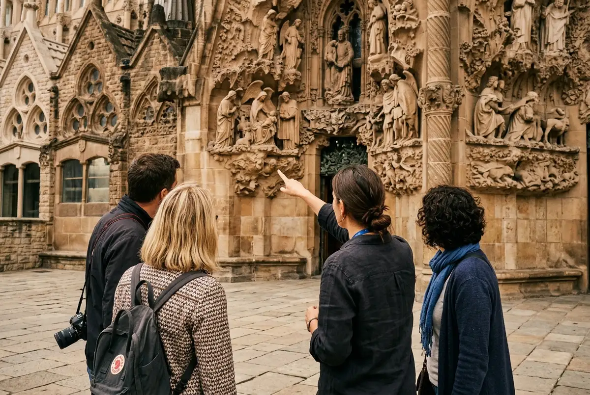 Small private group of travelers clustered closely around a sagrada familia private tour guide pointing at carved details on the Nativity Facade with no other visitors nearby
