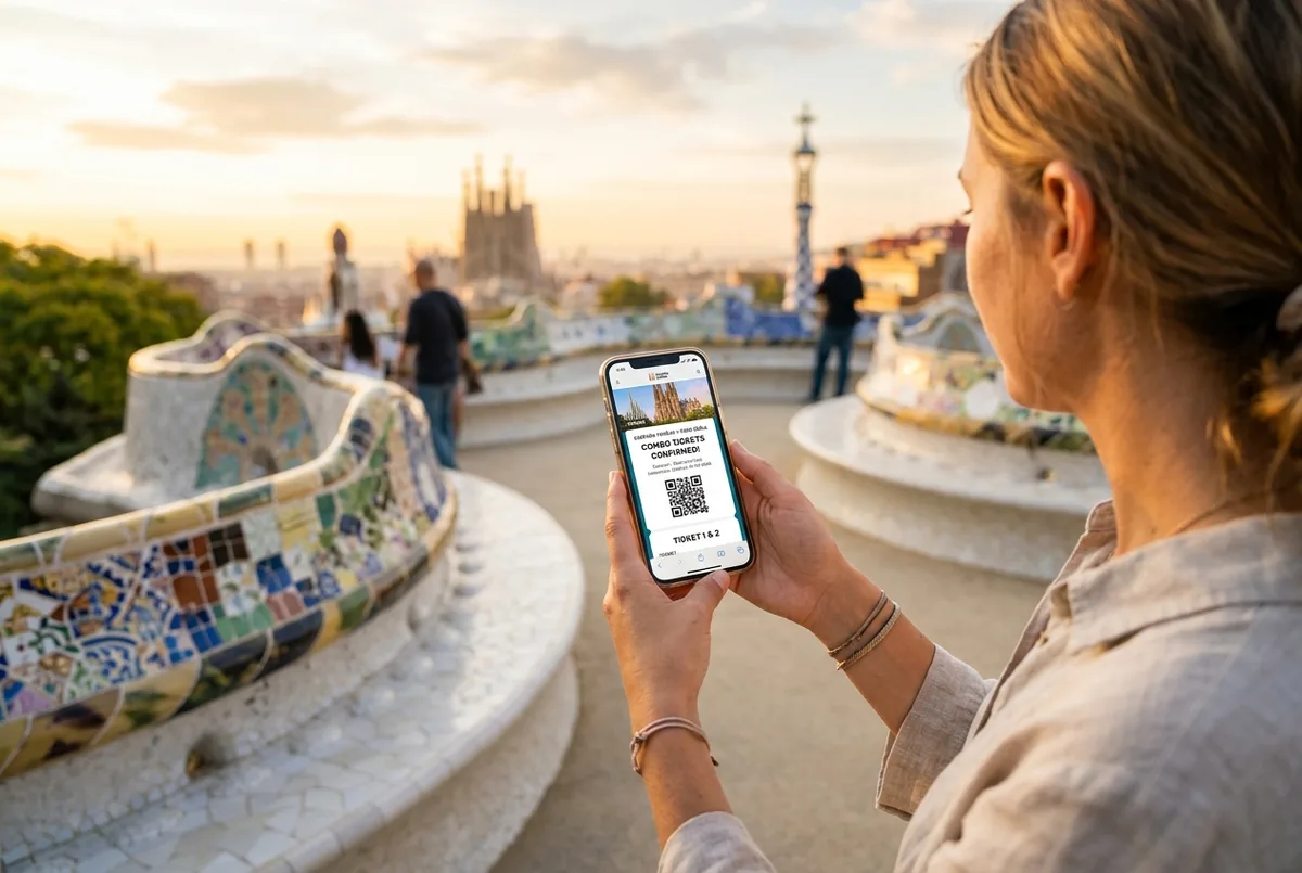 Traveler holding a phone showing a sagrada familia combo tickets confirmation with Park Guell mosaic tiles visible in the background at golden hour