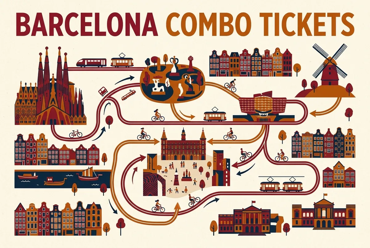 Simple map style infographic showing sagrada familia combo tickets routes between the basilica, Park Guell, Casa Batllo and central Barcelona