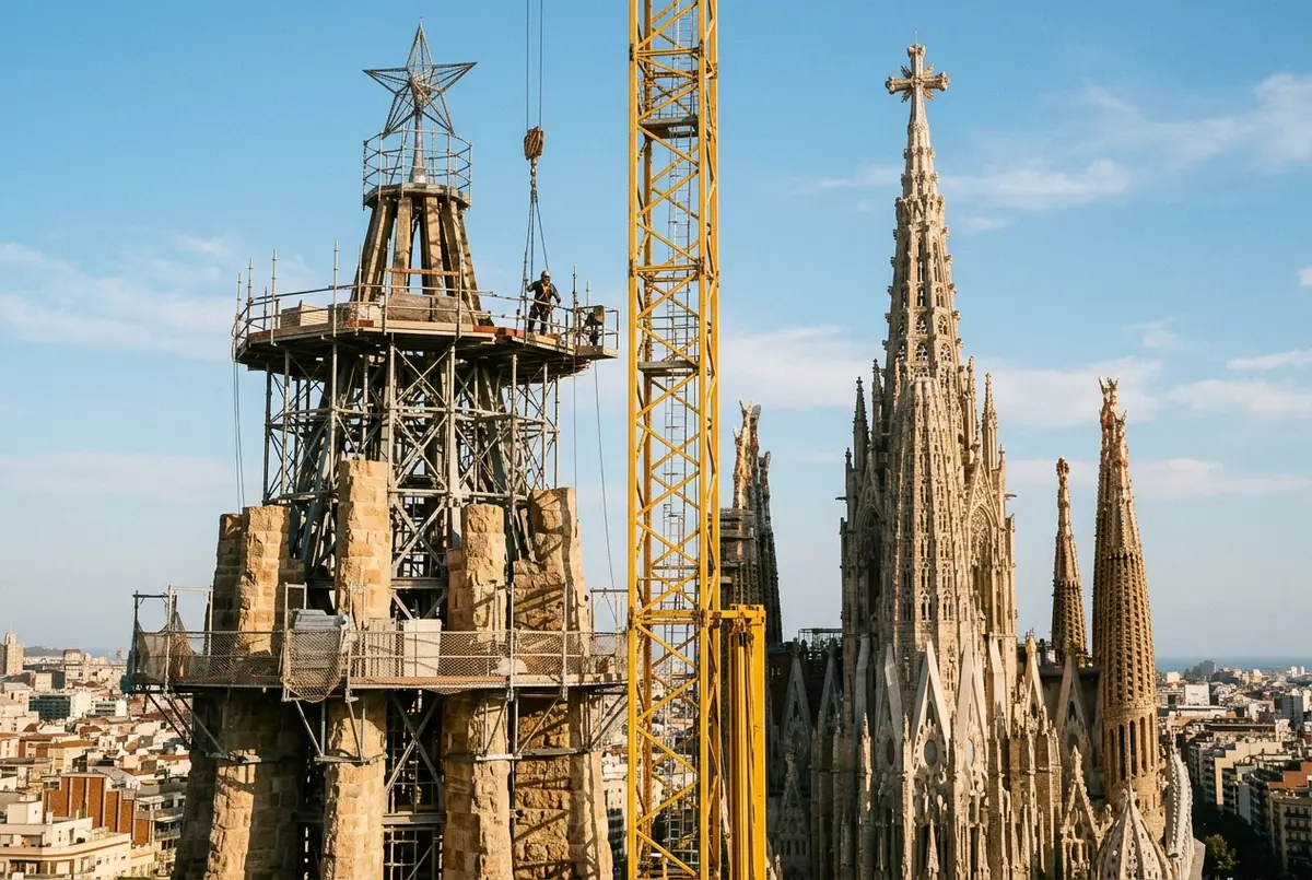 Close up of active sagrada familia tower completion work, showing a crane beside an unfinished spire against a finished tower in the background