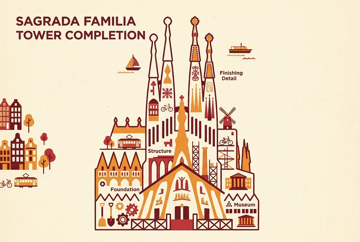 Progress style infographic illustrating sagrada familia tower completion phases with generic labeled stages such as Foundation, Structure, and Finishing Detail arranged along a rising spire outline