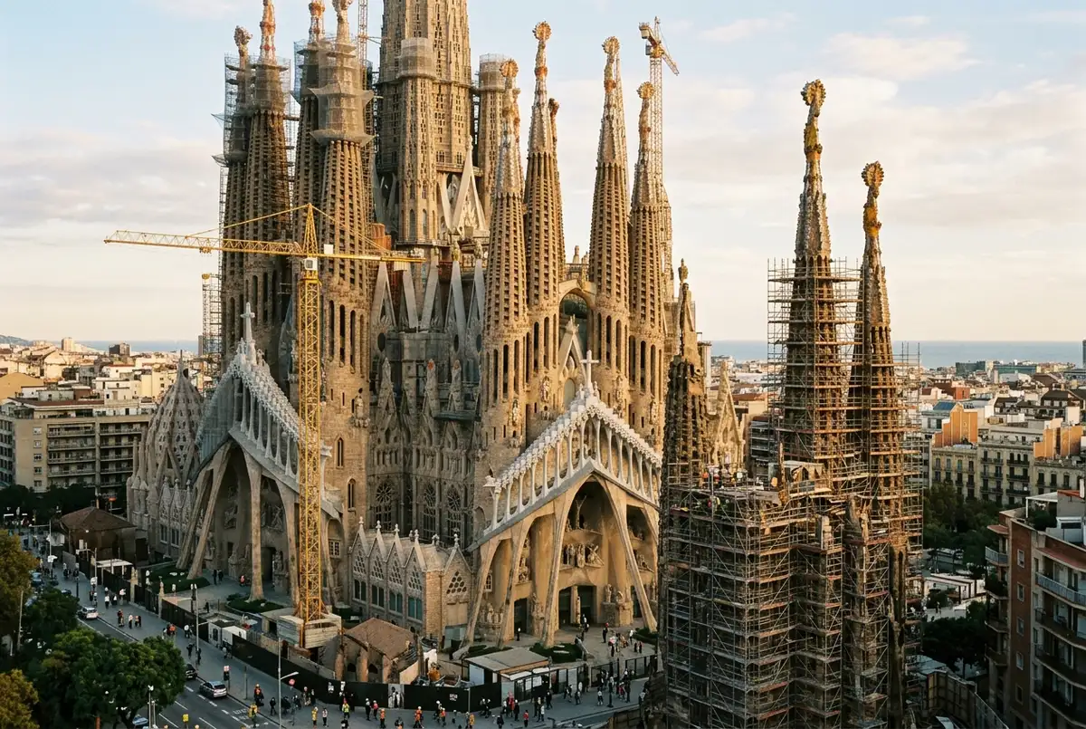 Wide shot capturing interesting facts about la sagrada familia, showing weathered scaffolding beside a finished spire on the still active construction site
